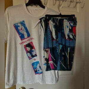 Men’s White Graphic Short Set Tee with Teal Black Pink Patterned Shorts
